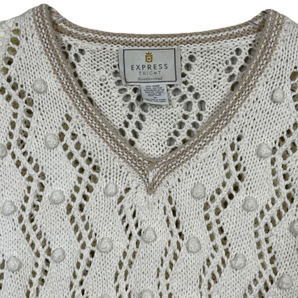Vintage 90s Express Tricot Sweater Medium Cream Open Knit Crochet Pom Cottage - Picture 3 of 5